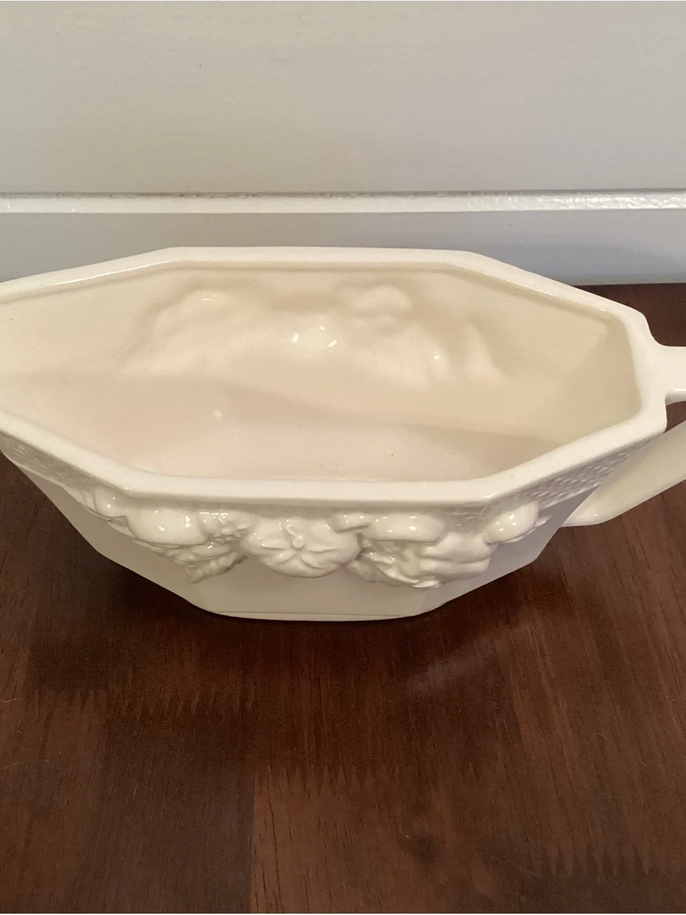 Vtg White Gravy Boat Embossed  Vegetable Medley Basket Weave